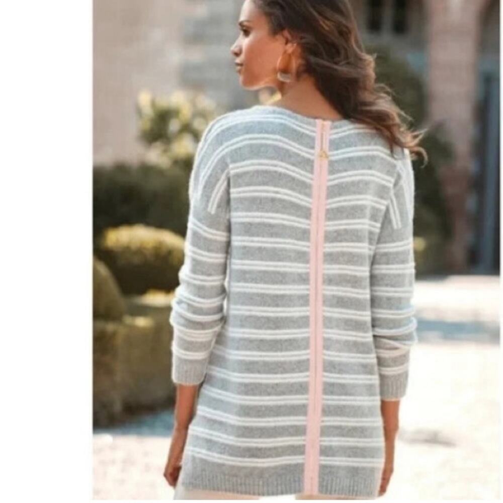 Soft Surroundings womens large knit stripe gray and white zipper back sweater
